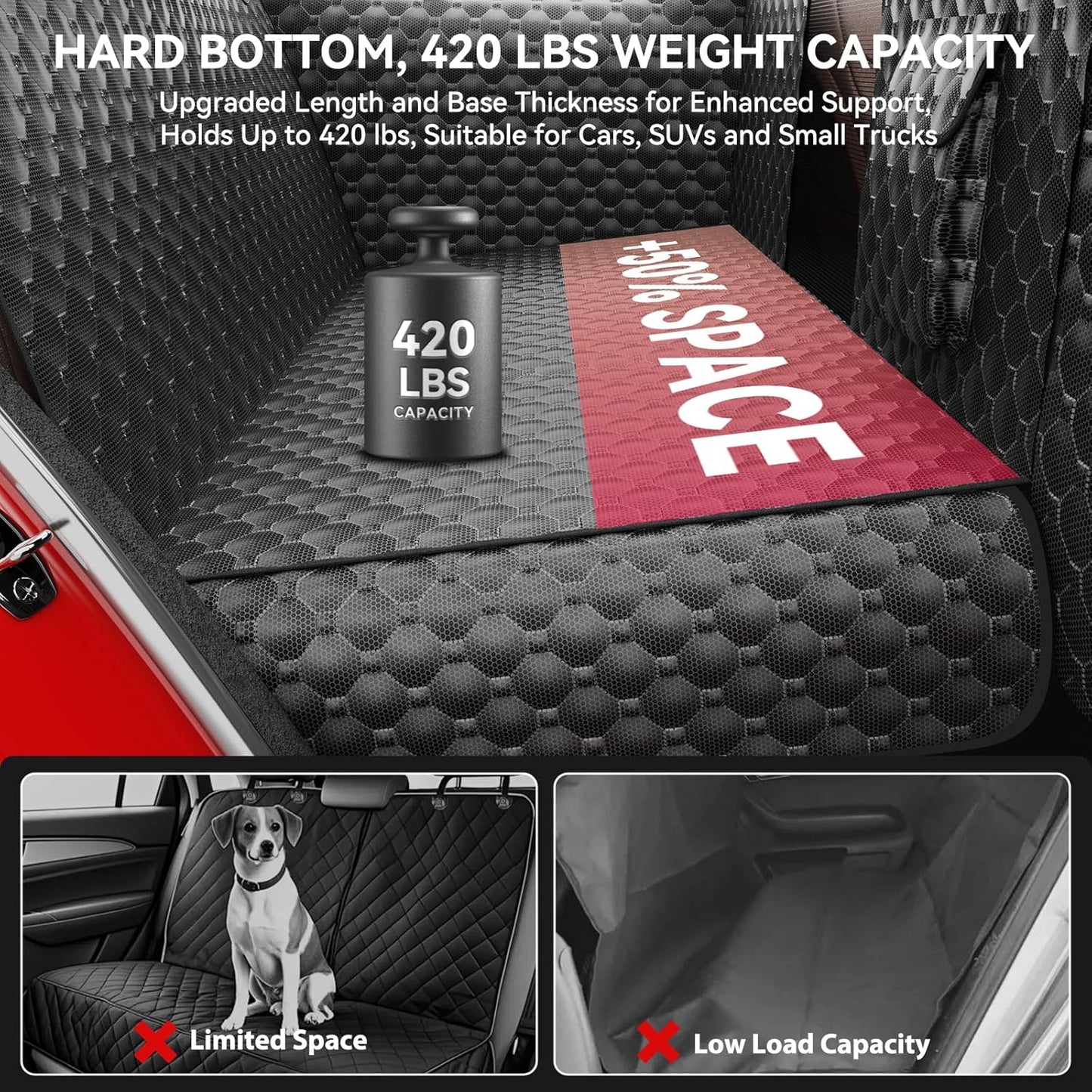 Dog Car Seat Cover for Back Seat, Waterproof Back Seat Extender for Dogs with Door & Headrest Protector, Hard Bottom Hammock Holds 420lbs, Non-Slip Pet Travel Bed for Cars SUVs Small Trucks