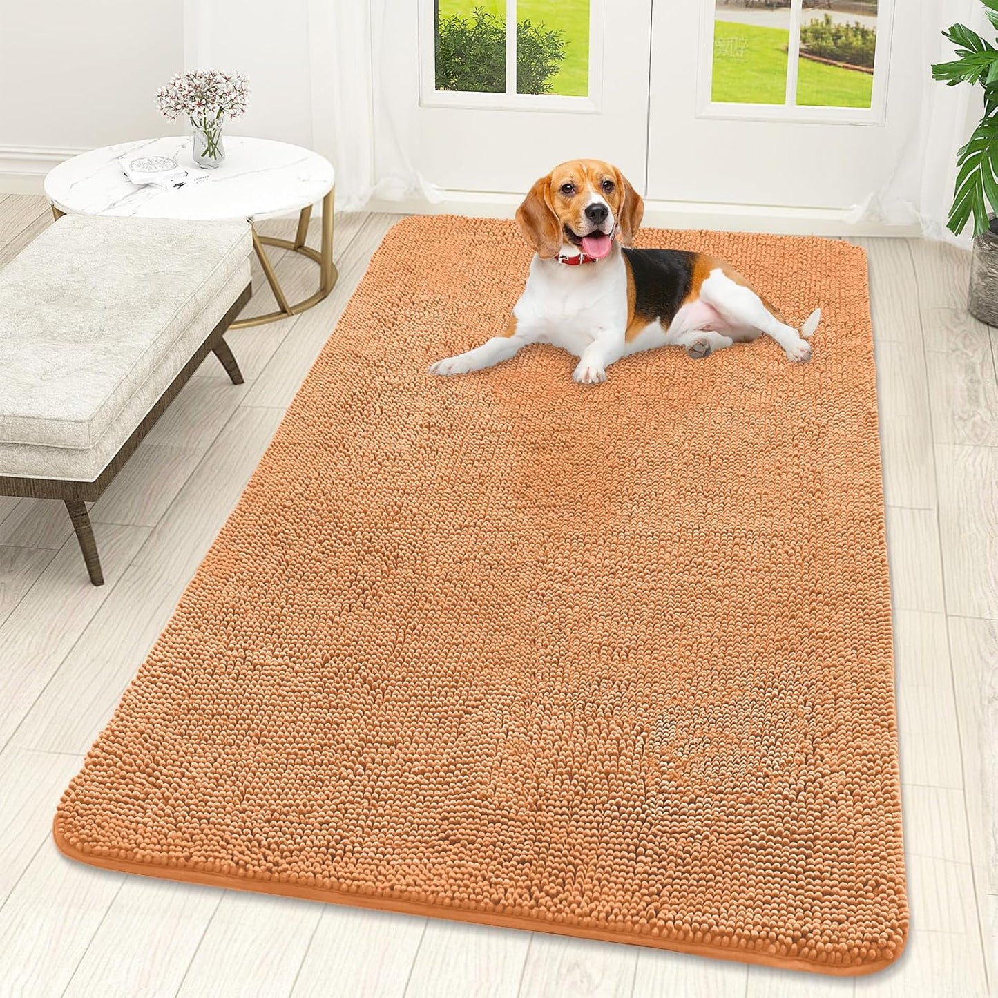 OLANLY Dog Door Mat for Muddy Paws 59x32, Absorbs Moisture and Dirt, Absorbent Non-Slip Washable Doormat, Quick Dry Chenille Mud Mat for Dogs, Entry Indoor Entryway Carpet for Inside Floor, Orange