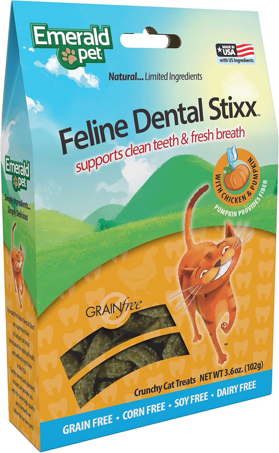 Emerald Pet Feline Dental Stixx — Tasty and Crunchy Cat Dental Sticks with Pumpkin for Digestive Health — Natural Grain Free Dental Treats for Clean Cat Teeth and Fresh Breath — Chicken Stixx, 3.6 oz