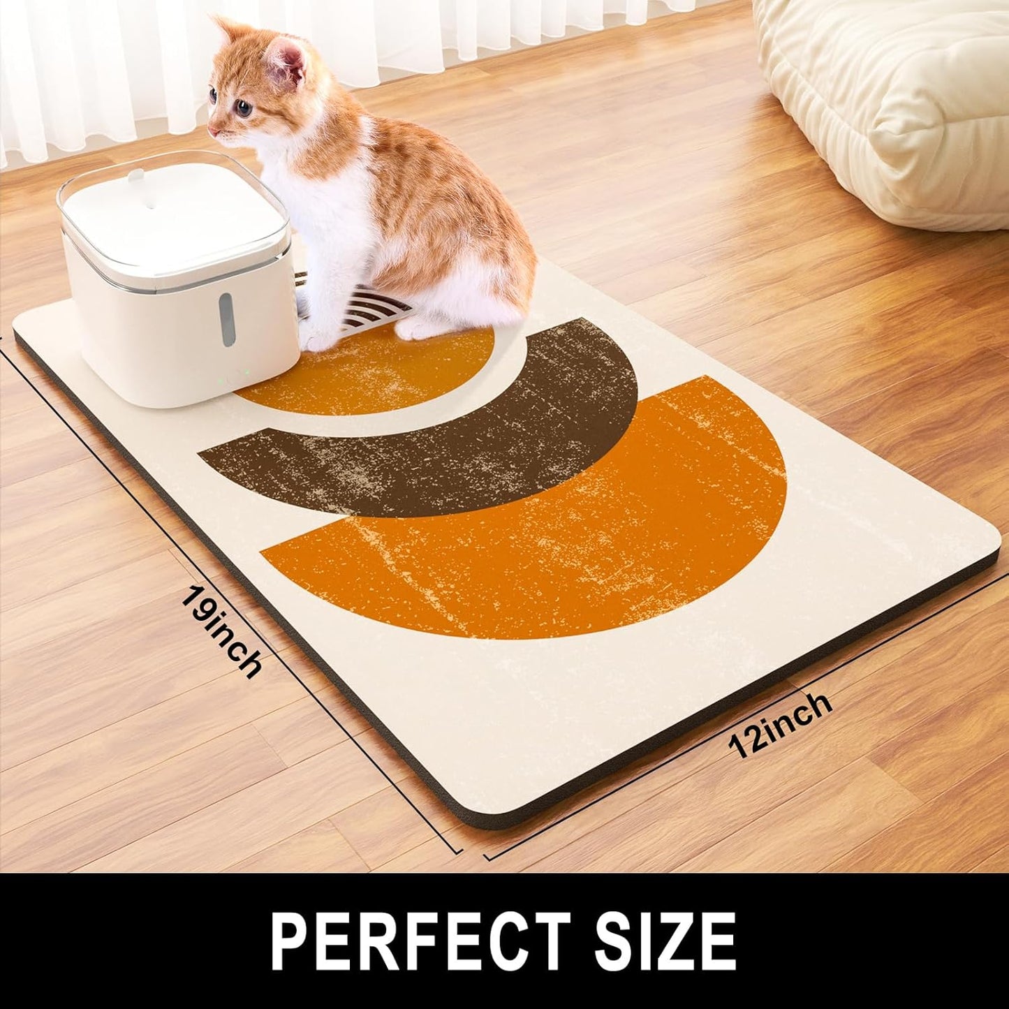 Dog Food Mat, 12" x 19" Absorbent Dog Cat Bowl Mat for Food and Water, Cute Anti-Slip Rubber Pet Feeding Rug Protect Floors Washable Placemat for Feeding & Watering Supplies, Modern Circle Art