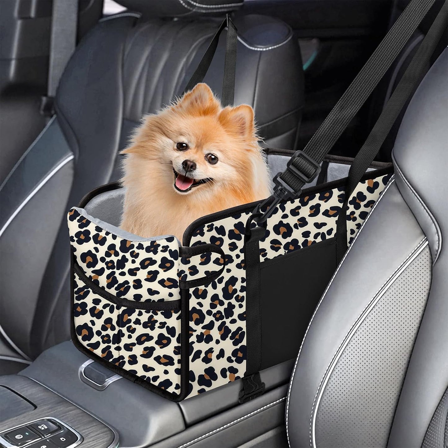 Portable Dog Car Seat for Small Dogs - Adjustable Safety Leash, Washable Cushion & Storage Pocket - Pet Booster Seat for Car Travel- Leopard