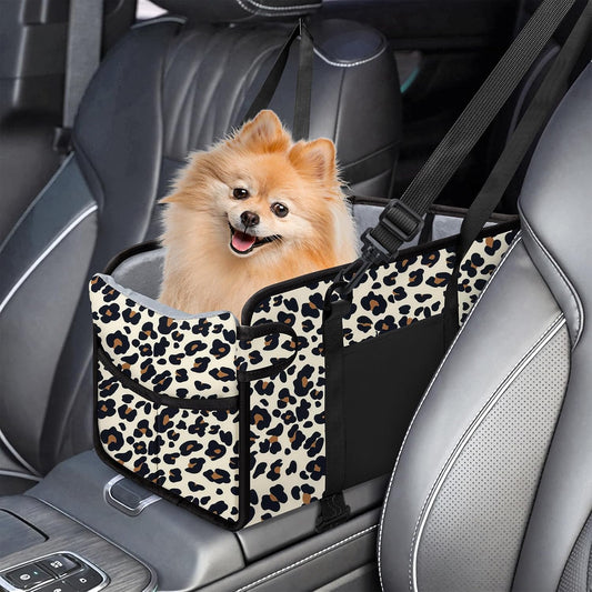 Portable Dog Car Seat for Small Dogs - Adjustable Safety Leash, Washable Cushion & Storage Pocket - Pet Booster Seat for Car Travel- Leopard