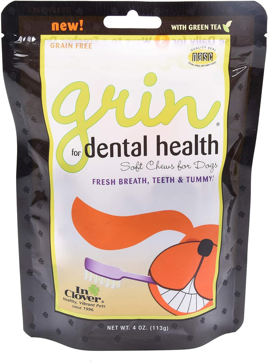 In Clover Grin Daily Dental Care Chews for Dogs, Grain Free Formula for Clean Teeth and Fresh Breath, Scientifically Formulated, Stop Plaque and Tartar with Antibacterials and Prebiotics, 4oz/25ct