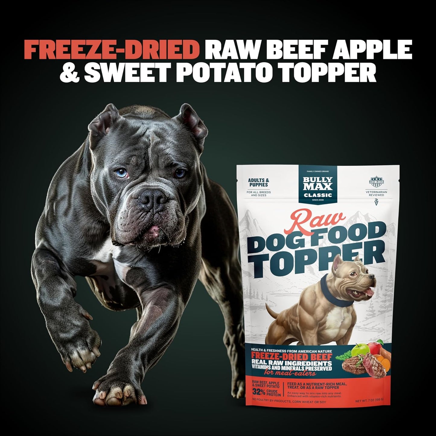 Bully Max Freeze-Dried Raw Dog Food Toppers for Puppies and Adult Dogs - Beef with Real Fruits & Veggies - Natural Meal Enhancers with Vitamins & Minerals - Feed as Puppy Treat or Dog Meal