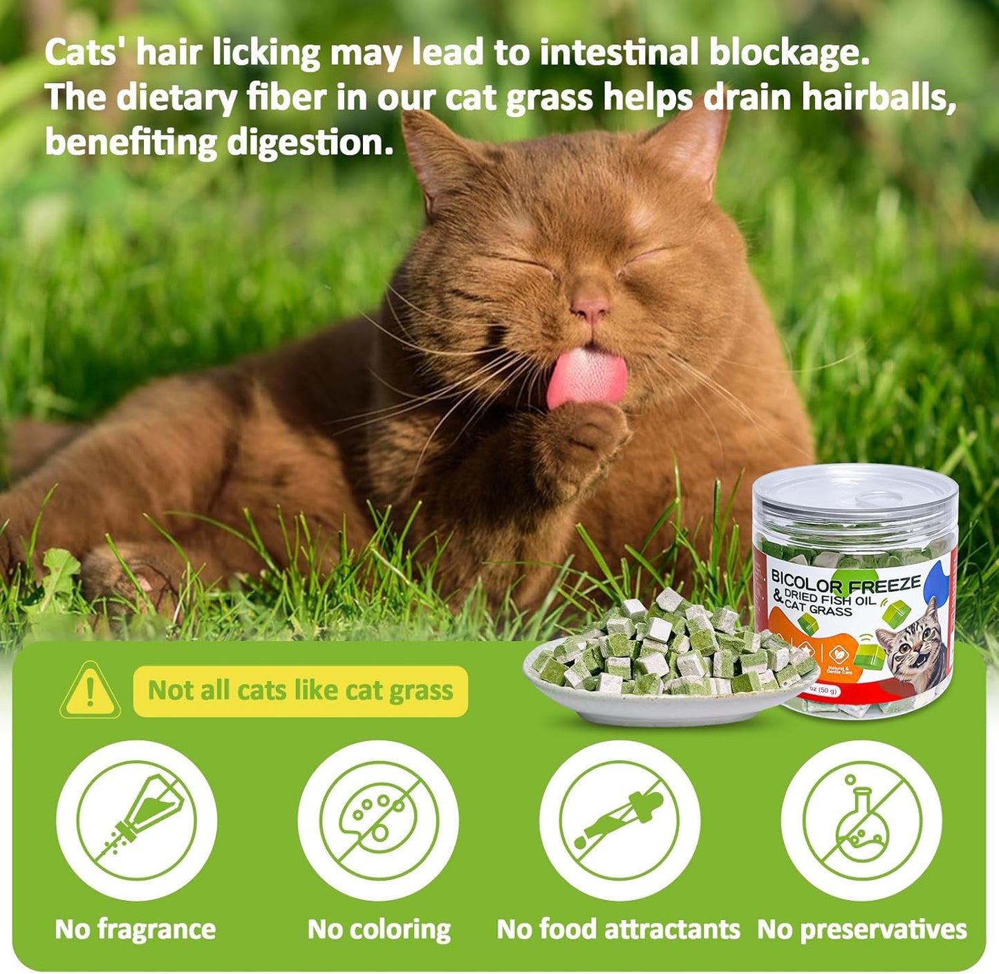 Freeze-Dried Cat Grass Treats with Omega-3 Fish Oil Blend - Hairball Control, Skin & Coat Health for Cats (Chicken & Fish Oil, 1.76 oz)