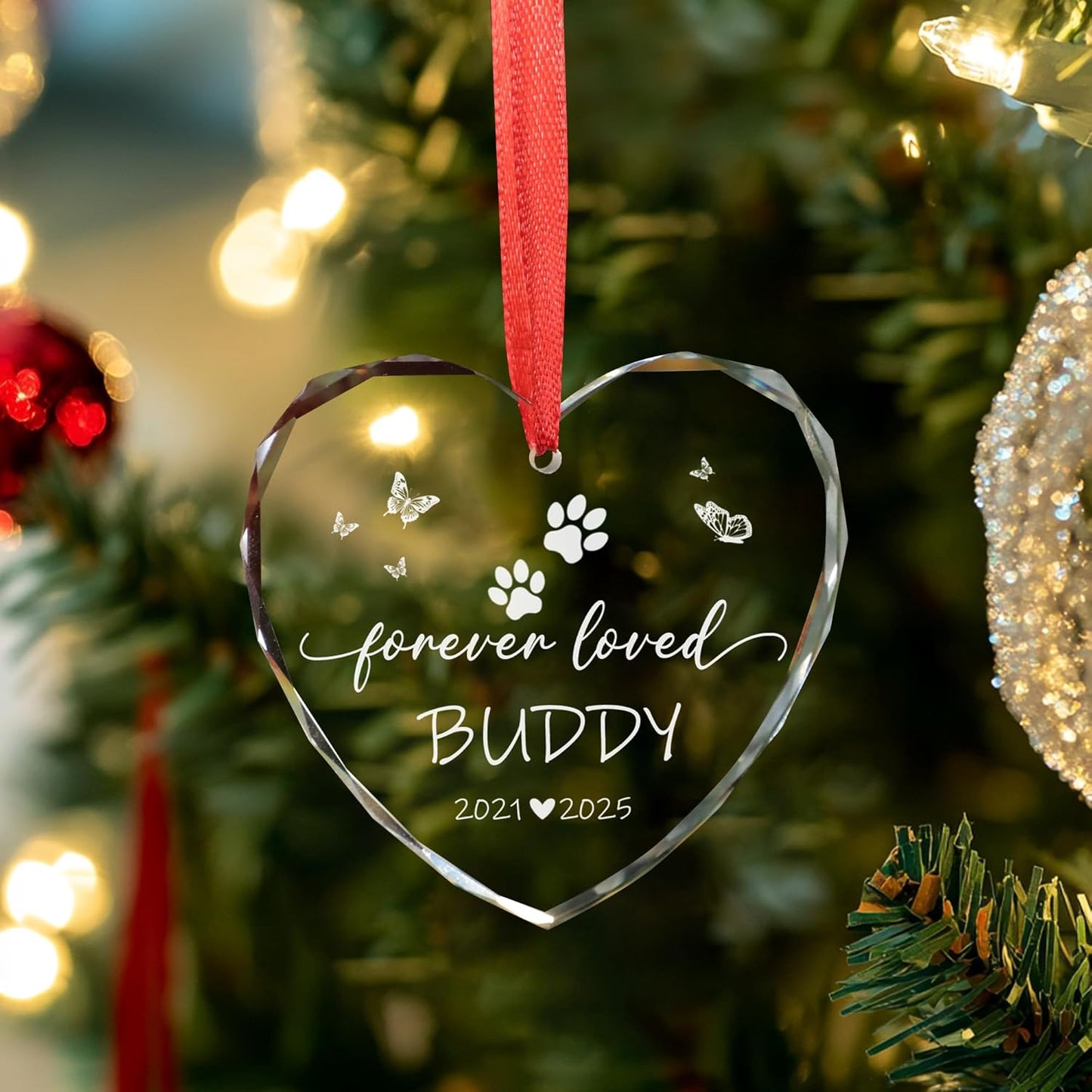 Personalized Dog Memorial Ornament - Custom Pet Remembrance for Pet Lovers - in Memory of Dog Passed Away - Forever Loved Acrylic Heart Christmas Tree Decoration