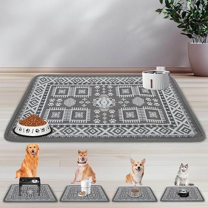 PUPTECK Dog Food Mat, Absorbent Pet Cat Feeding Mat for Food and Water Bowls, Anti-Slip Dog Placemat for Floors Waterproof, Pet Supplies Accessories, Gray L