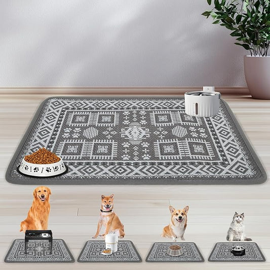 PUPTECK Dog Food Mat, Absorbent Pet Cat Feeding Mat for Food and Water Bowls, Anti-Slip Dog Placemat for Floors Waterproof, Pet Supplies Accessories, Gray L