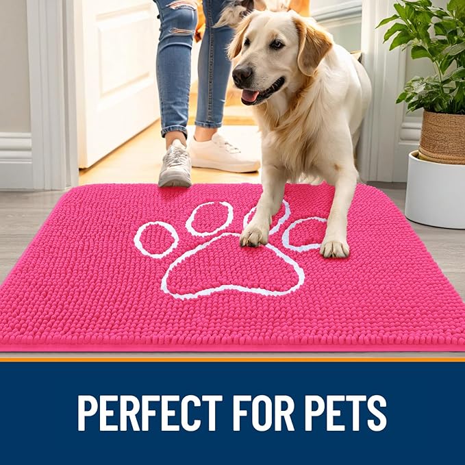 OLANLY Door Mat for Muddy Dog Paws 36x24, Ultra Absorbent Chenille Mud Doormat with Paw Print Design, Non-Slip Washable Doormat for Indoor Entryway, Quick-Dry Pet Bed Mats for Dirty Dogs, Hot Pink