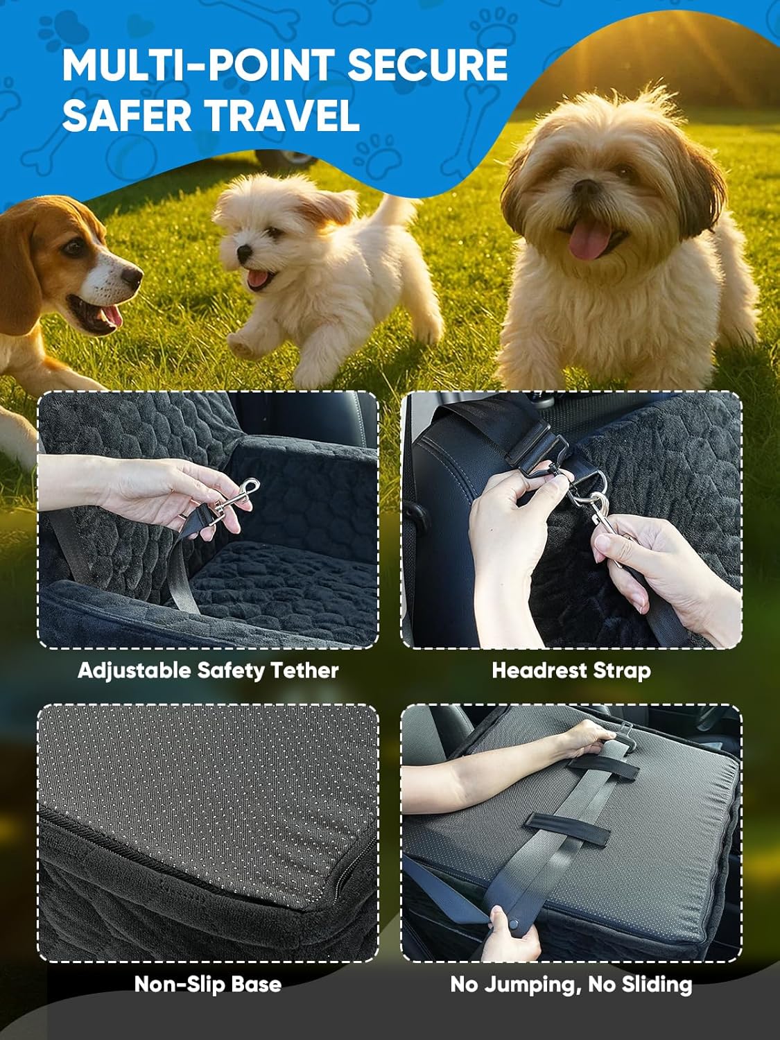 Dog Car Seat for Small/Medium Pets, Adjustable Booster Seat with Safety Leash, Washable Cover & Storage Pockets (Up to 35 lbs, Black)