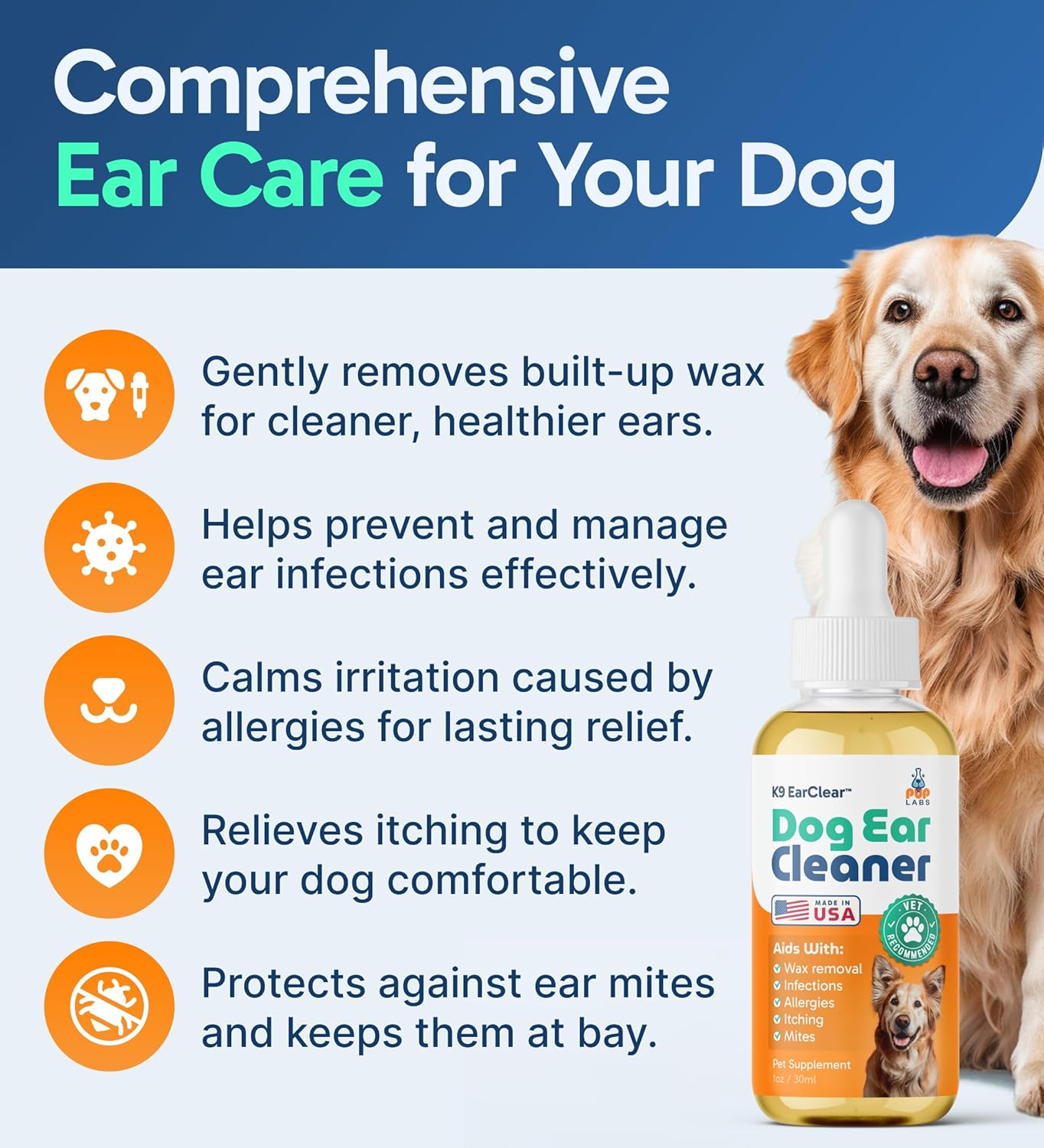 Ear Clear, Natural Dog Ear Cleaner and Infection Treatment for Dogs, Dog Drops for Itching, Irritation, & Wax Build-Up, 1 oz Bottle with Dropper