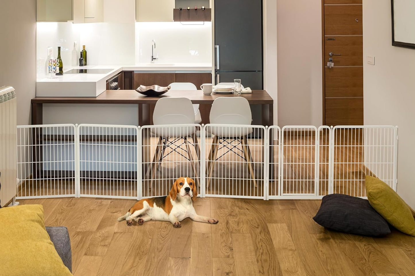 FXW Dog Gate Extra Wide Designed for Indoor Use, Adjustable Width Up to 165-inch Wide (32" H 6 Wire Panels for Small and Medium Dogs), White