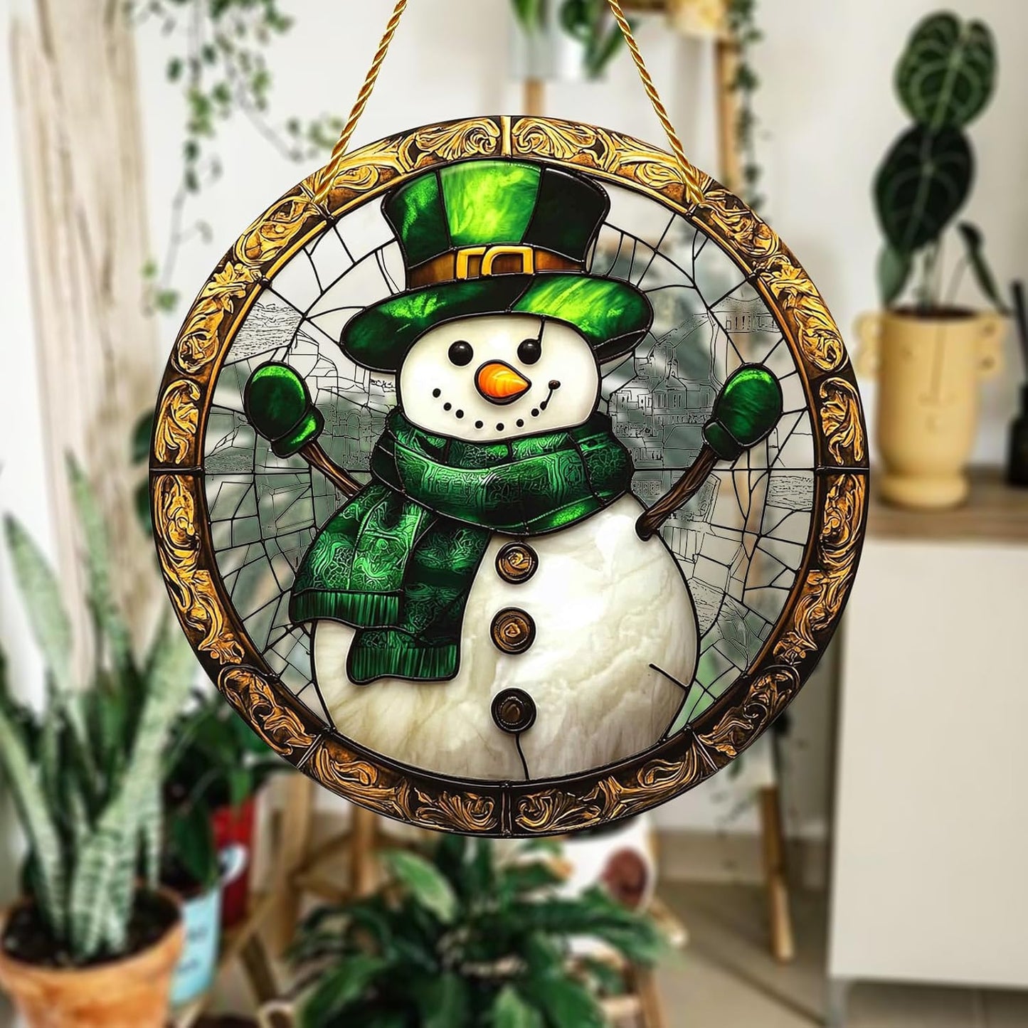 8x8 inch Charming Chrismas Snowman Acrylic Stained Glass Window Hanging Sun Catcher Decor Stained Panel Hangings Wall Art Decor, for Friends and Family (Snowman)