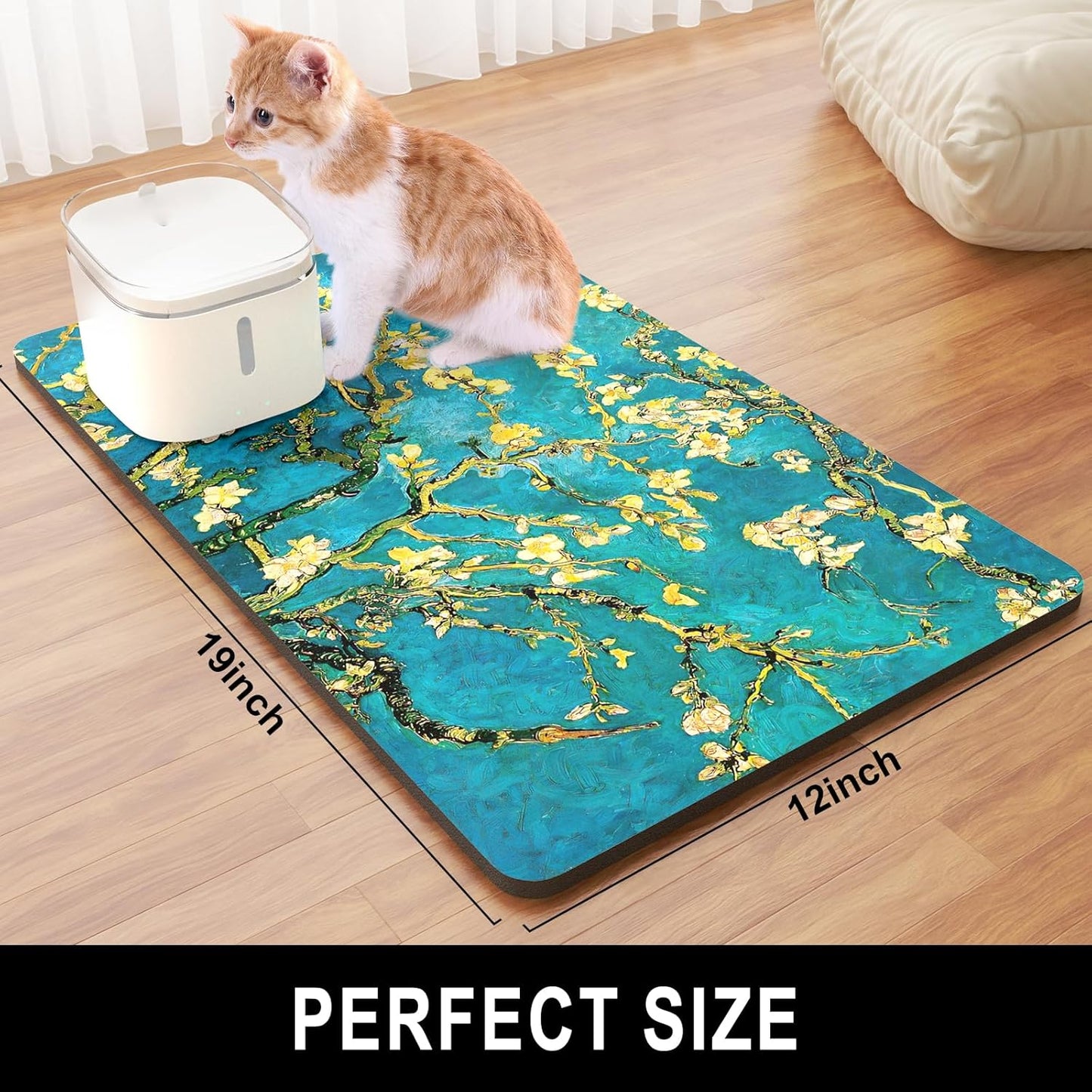 Dog Food Mat, 12" x 19" Flower Absorbent Dog Cat Bowl Mat for Food and Water, Cute Anti-Slip Rubber Pet Feeding Rug Protect Floors, Placemat for Feeding & Watering Supplies, Green