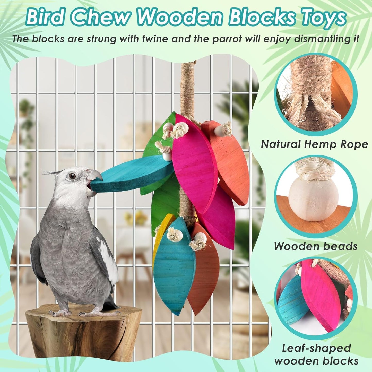 2 Pcs Large Bird Toys, Natural Corn Cob Parrot Chew Toy, Multicolored Leaf-Shaped Chewing Wood Blocks for Large and Medium-Sized Macaws, Cockatoos, Amazon Parrots, African Grey