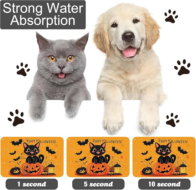 Happy Halloween Cat Pet Feeding Mat for Floors-Absorbent Dog Bowl Mat for Food and Water, Quick Dry Pet Cat Feeding Mats with Non Slip Bottom, Mess-Free Dog Accessories 16"x24"