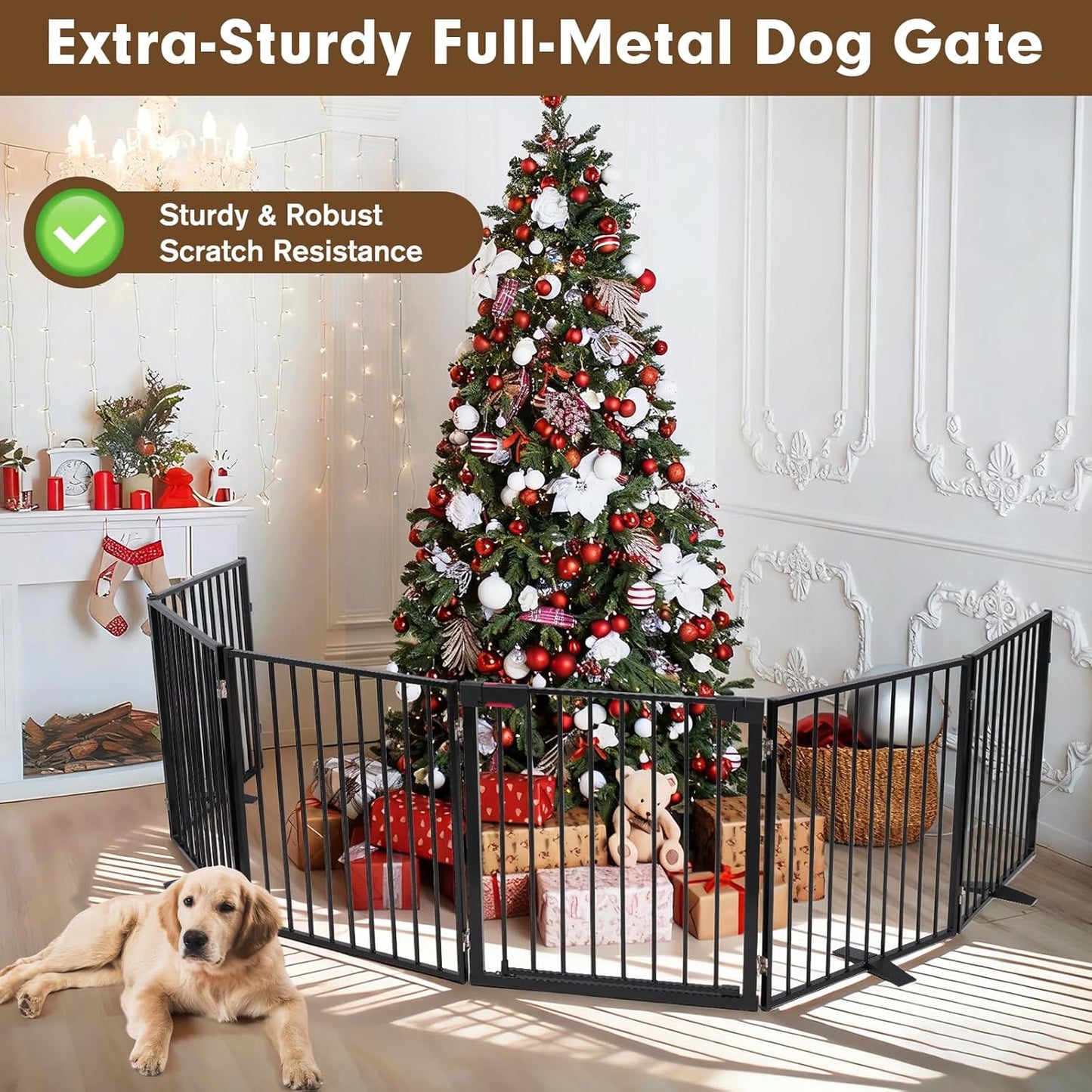 156" Dog Gate Extra Wide, Heavy Duty Metal Freestanding Dog Gate with Door for Indoor & Outdoor, Foldable Pet Fence for Doorways,House,Porch,Deck,Yard,Stairs, Auto Close(6 Panels,Black)
