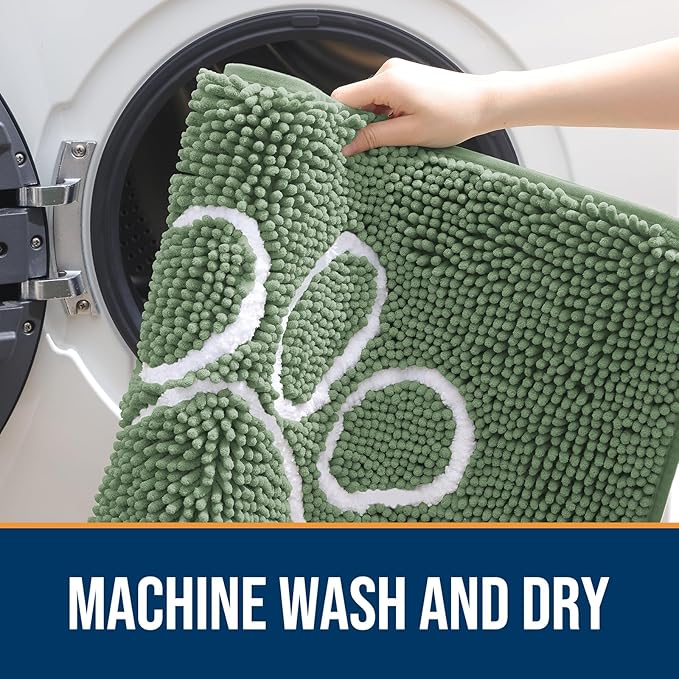 OLANLY Door Mat for Muddy Dog Paws 48x30, Absorbent Chenille Doormat with Paw Print Design, Non-Slip Washable Doormat for Indoor Entryway, Quick-Dry Pet Bed Mats for Dirty Dogs, Olive Green and White