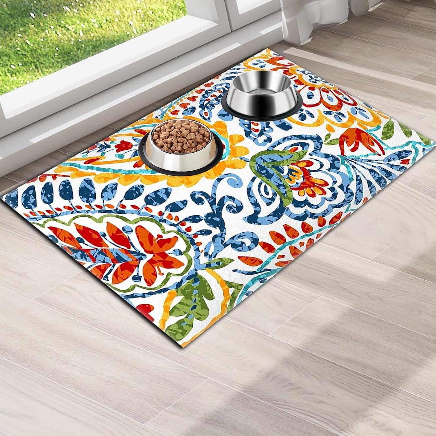 Pet Feeding Mat for Dogs and Cats - Super Absorbent Anti-Slip Bowl Pad, Eco-Friendly Washable Mat to Prevent Spills and Mess Colorful Mat 16"x24"