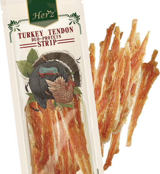 Herz Duo-Protein Turkey Tendon & Chicken Strip 3 oz, USA-Sourced Turkey Tendon, Natural Dog Chew for Small Dogs, Wrapped in Chicken, Rawhide-Free, Hypoallergenic, Puppy-Friendly
