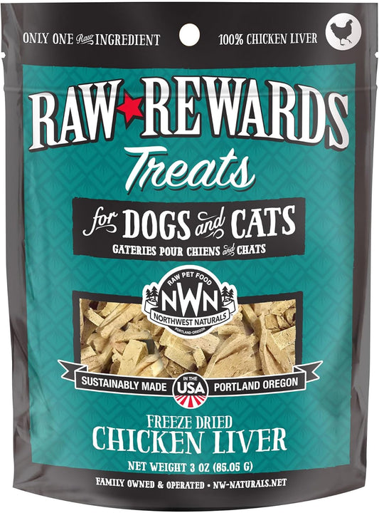 Northwest Naturals Raw Rewards Freeze-Dried Chicken Liver Treats for Dogs and Cats - Bite-Sized Pieces - Healthy, 1 Ingredient, Human Grade Pet Food, All Natural, Proudly Made in USA, 3 Oz (Pack of 1)