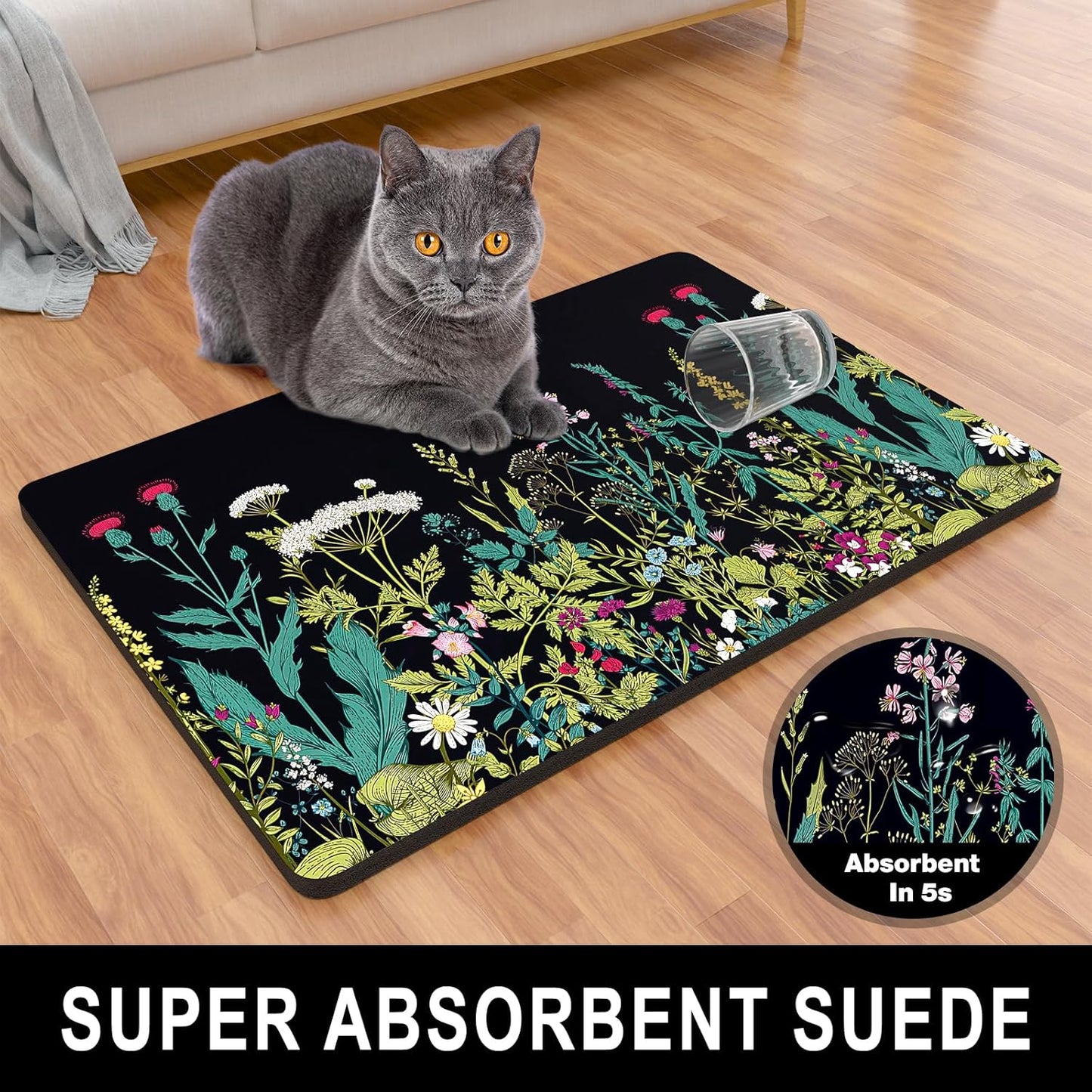 Dog Food Mat, 16" x 24" Absorbent Dog Cat Bowl Mat for Food and Water, Cute Anti-Slip Rubber Pet Feeding Rug Protect Floors, Placemat for Feeding & Watering Supplies, Midnight Flower