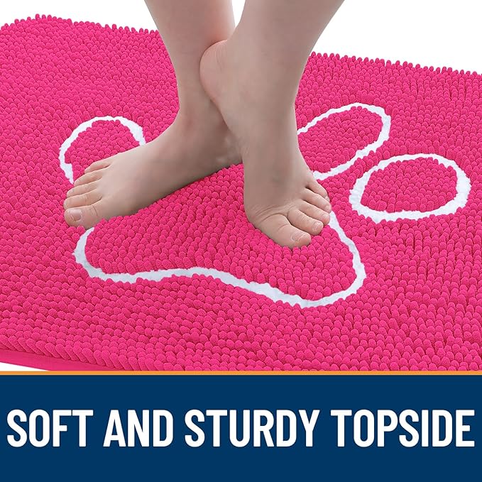 OLANLY Door Mat for Muddy Dog Paws 30x20, Ultra Absorbent Chenille Mud Doormat with Paw Print Design, Non-Slip Washable Doormat for Indoor Entryway, Quick-Dry Pet Bed Mats for Dirty Dogs, Hot Pink