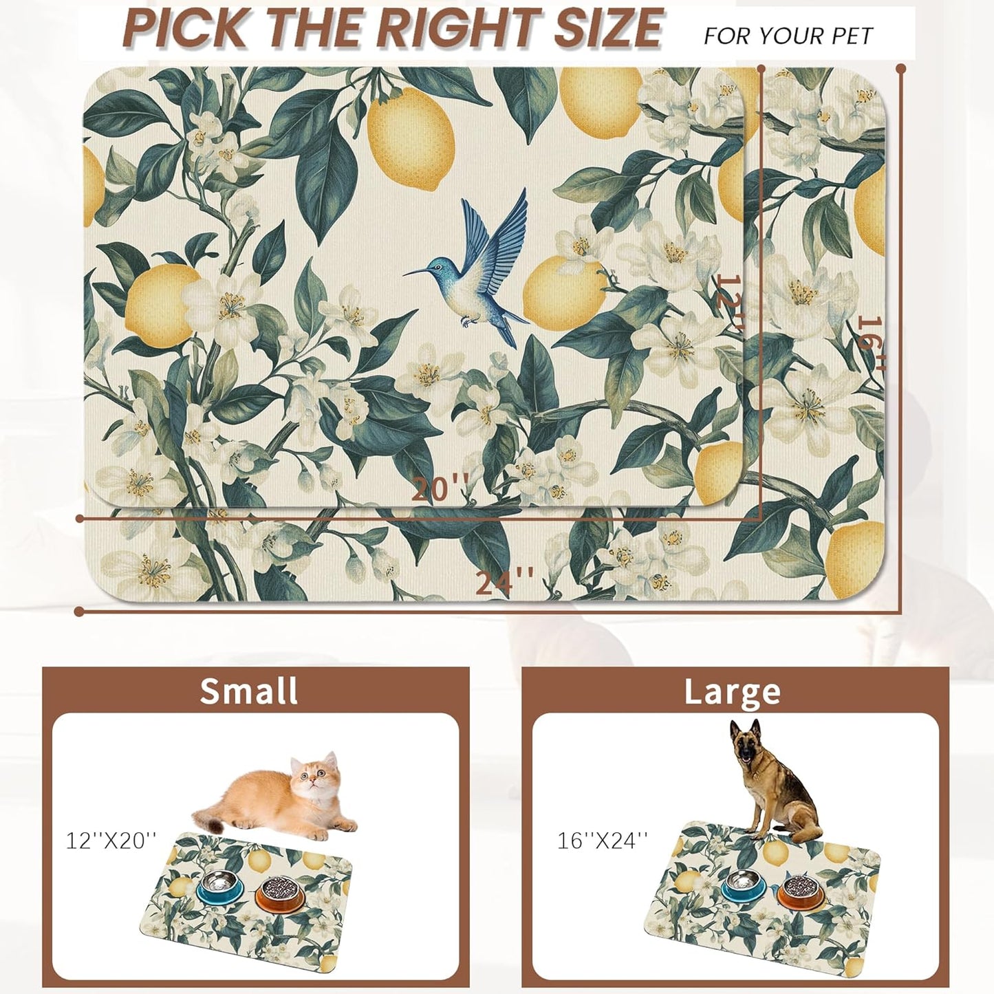 Hummingbird Dog Food Mat for Floors,Vintage Lemon Absorbent Quick-Dry Pet Feeding Mat,Cat Dog Bowl Mats for Food and Water,Non-Slip Pet Accessories Supplies 16"x24"