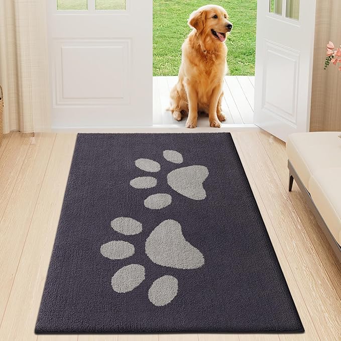 Buganda Dog Door Mat for Muddy Paws, Absorbent Dirt Trapper Washable Indoor Doormats, Non Slip Low-Profile Mud Mat for Dogs, Front Entrance Doormat for Inside Floor (47x20 Inches, Dark Grey)
