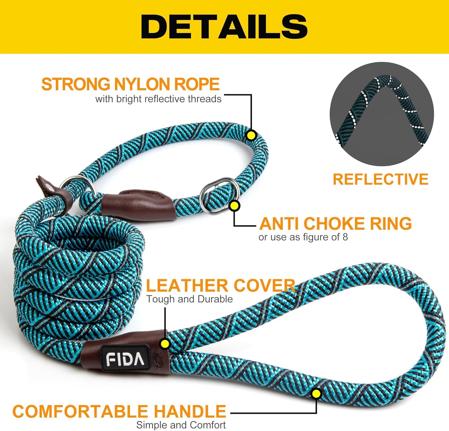 Fida Durable Slip Lead Dog Leash, 6 FT x 3/8" Heavy Duty Comfortable Strong Rope Slip Lead for Small Dogs and Puppies, No Pull Pet Training Lead with Highly Reflective(3/8", Blue)