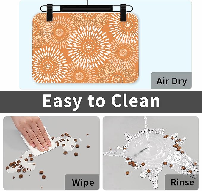 Quick-Dry Absorbent Dog Food Mat 12x18 Inch Retro Modern Geometric Aesthetic Non-Slip Pet Cat Feeding Mat with Waterproof Backing Training Mat for Pets（Orange）