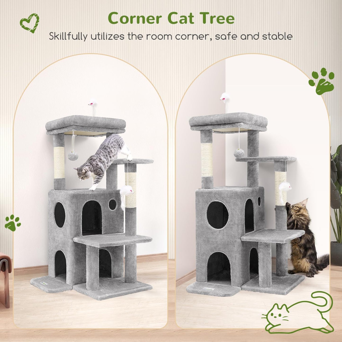 Globlazer Cat Tree Tower for Indoor Cats, 50-inch Adult Cat Tree House for Large Adult Cats with Steps, Scratching Post, 2 Cat Caves, Dangling Toys, FC50, Light Grey