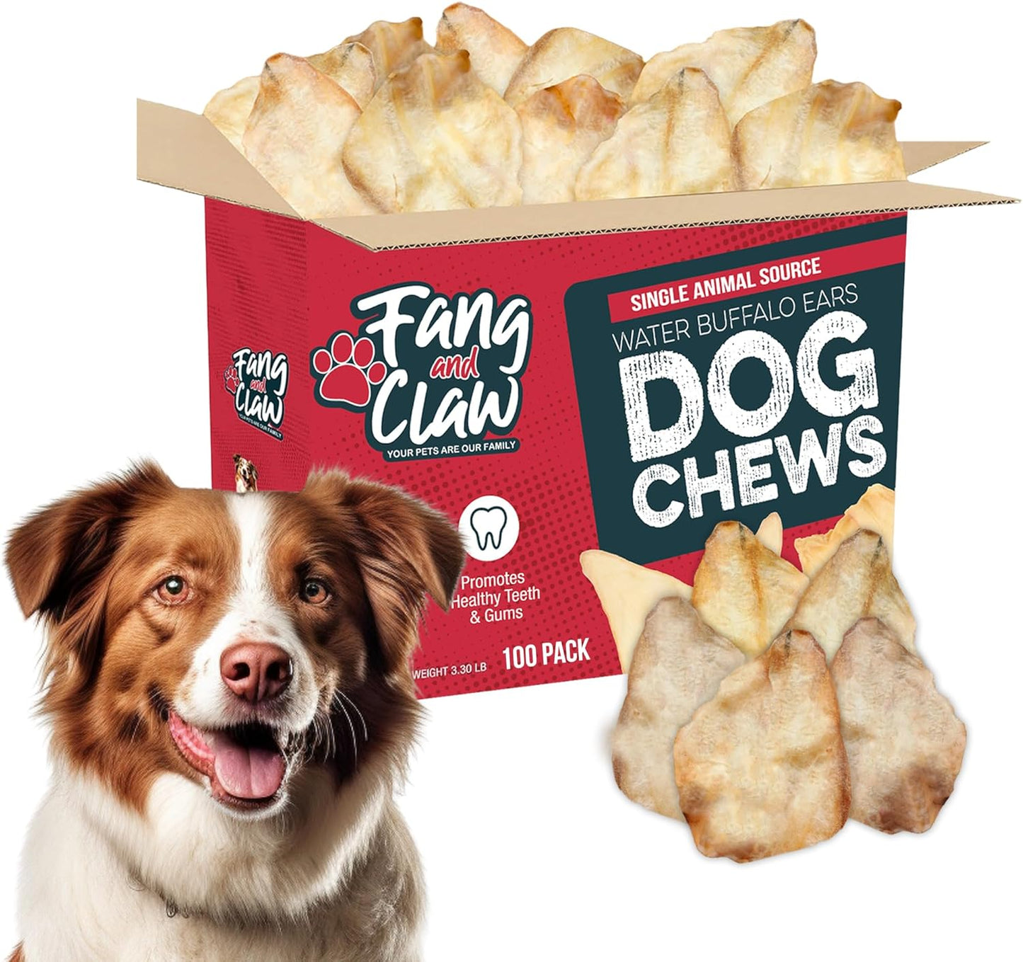 Fang & Claw 100 Count Water Buffalo Ears for Dogs – 100% Natural, Single-Ingredient, Long-Lasting Rawhide Alternative, Grain-Free