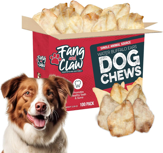 Fang & Claw 100 Count Water Buffalo Ears for Dogs – 100% Natural, Single-Ingredient, Long-Lasting Rawhide Alternative, Grain-Free