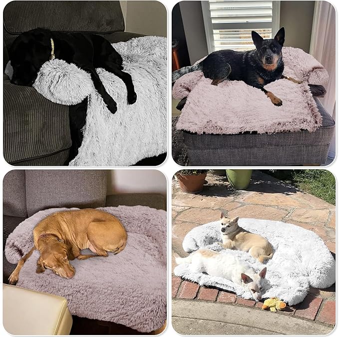 GGIB Calming Dog Bed Fluffy Plush Dog Mat for Furniture Protector with Removable Washable Cover for Large Medium Small Dogs and Cats (Medium, Rust White)
