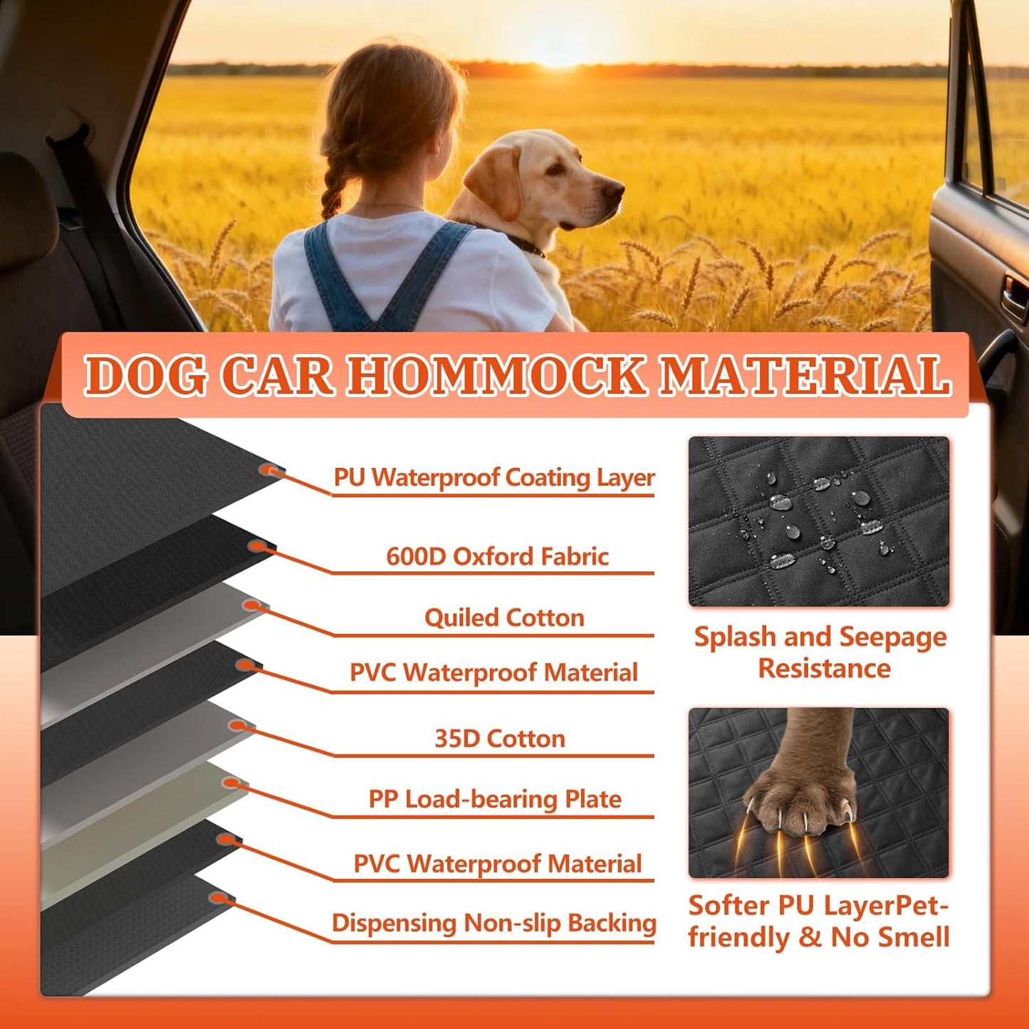 Dog Car Seat Cover for Back Seat，Hammock Seat Covers，Back Seat Extender for Dogs, Back Seat Pet Cover for Dogs Hard Bottom Holds 500lbs，Large Space Sturdy Waterproof Dog Seat Cover for Car, SUV, Truck