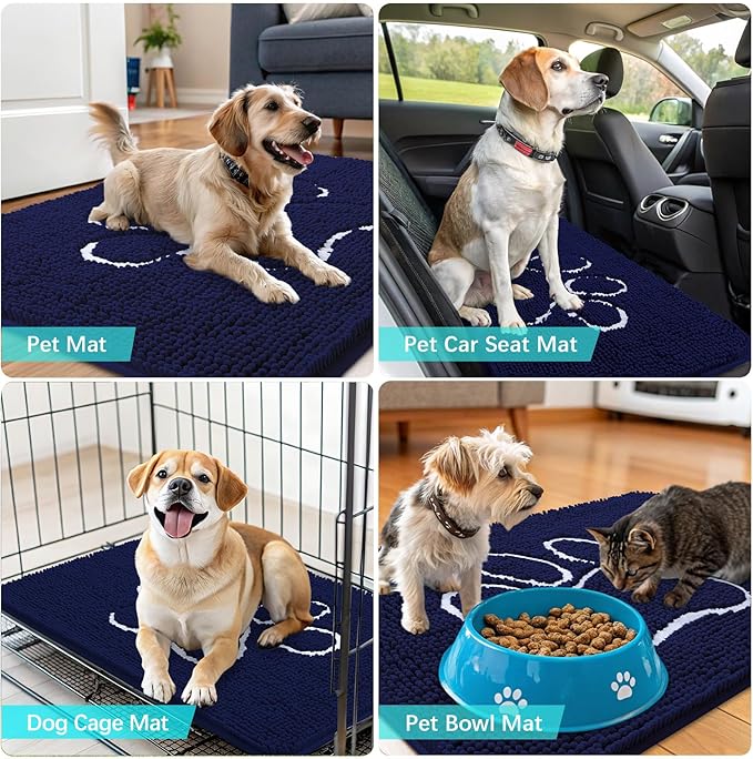 OLANLY Door Mat for Muddy Dog Paws 24x16, Ultra Absorbent Chenille Mud Doormat with Paw Print Design, Non-Slip Washable Doormat for Indoor Entryway, Quick-Dry Pet Bed Mats for Dirty Dogs, Navy Blue