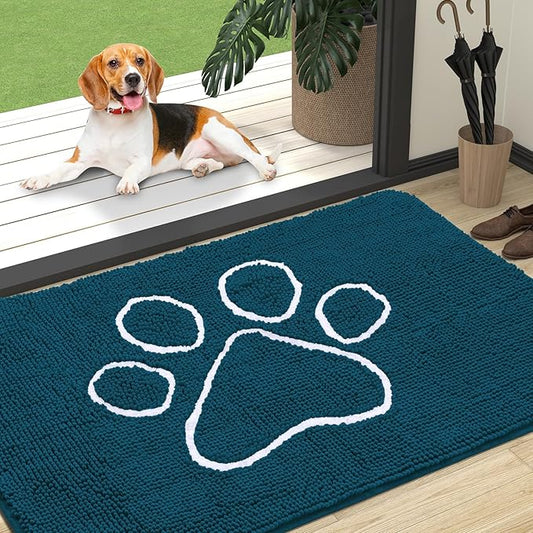 OLANLY Door Mat for Muddy Dog Paws 47x32, Absorbent Chenille Mud Doormat with Paw Print Design, Non-Slip Washable Doormat for Indoor Entryway, Quick-Dry Pet Bed Mats for Dirty Dogs, Atlantic Blue