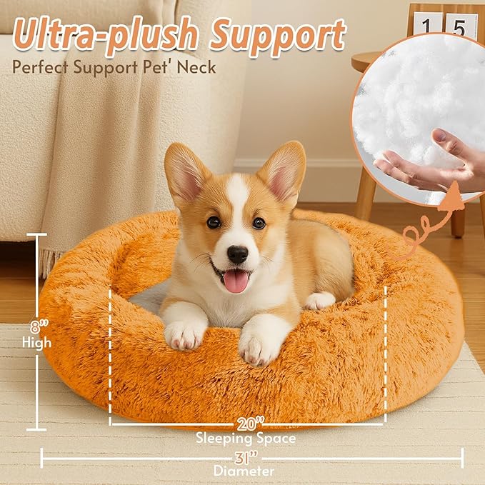 JOLLYVOGUE Medium Calming Dog Bed, Anti-Anxiety Donut Cuddler Cat Bed with Anti-Slip Bottom, Fluffy Faux Fur Machine Washable Pet Cushion for Medium Large Dog & Cat (31")