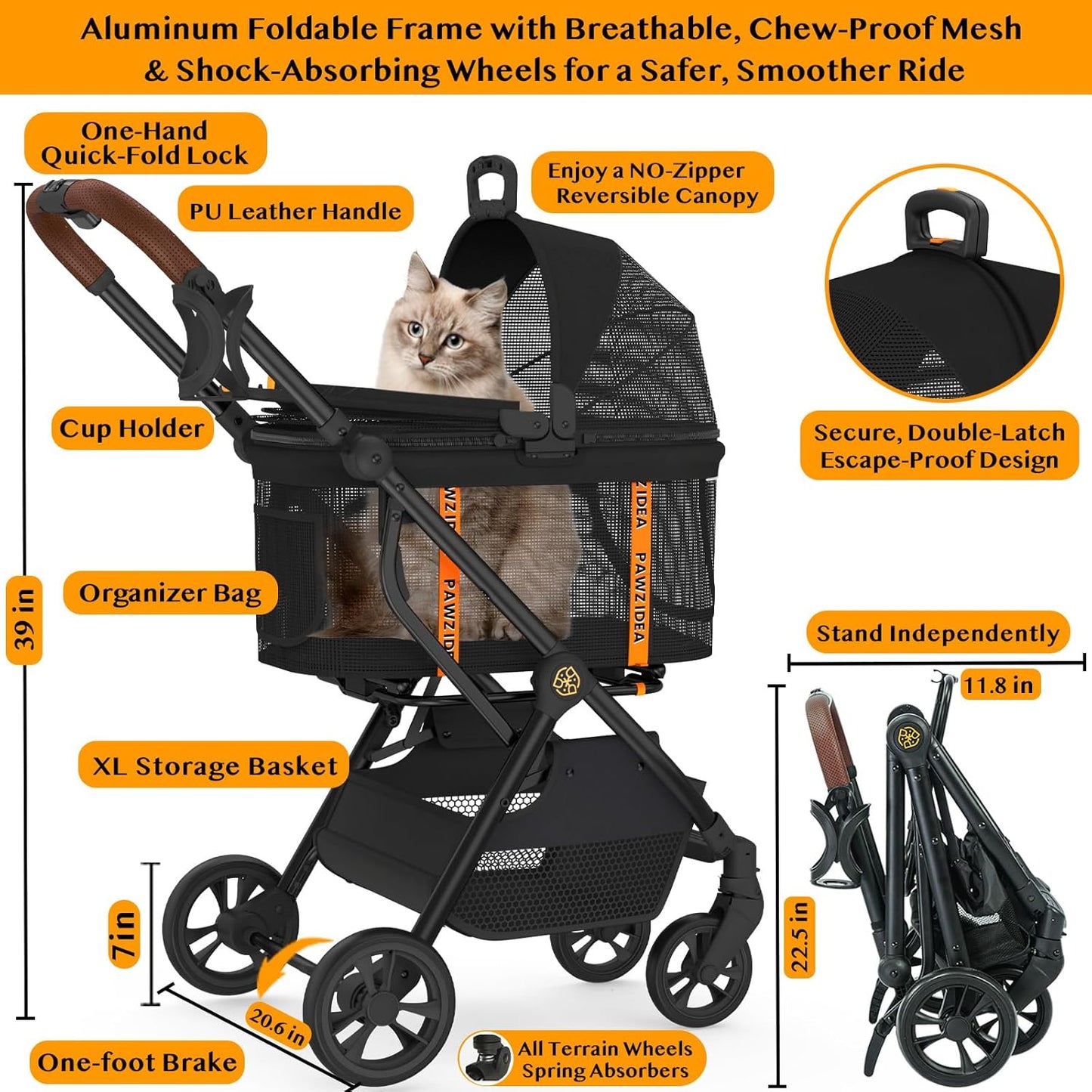 PAWZIDEA Pet Stroller 4 in 1, Cat Strollers with Detachable Carrier No-Zip Canopy, Portable Dog Crate for Car Seat Travel, Foldable & Lightweight Jogger for Small/Medium Dogs and Cats, Storage Basket