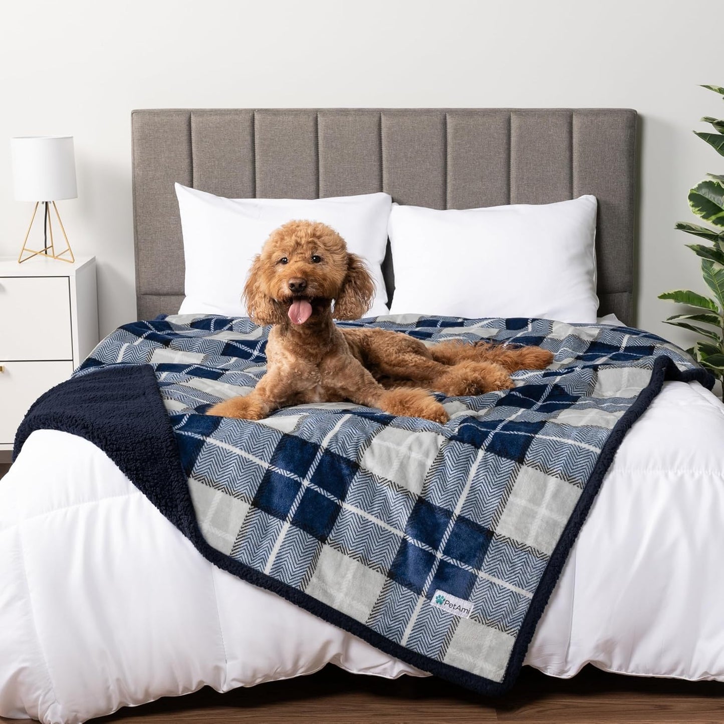 PetAmi Waterproof Dog Blanket for Medium Large Dog Puppy Cat Throw for Couch Cover Leakproof Protection, Sherpa Fleece, Reversible Soft Washable 60x40 Plaid Navy Blue
