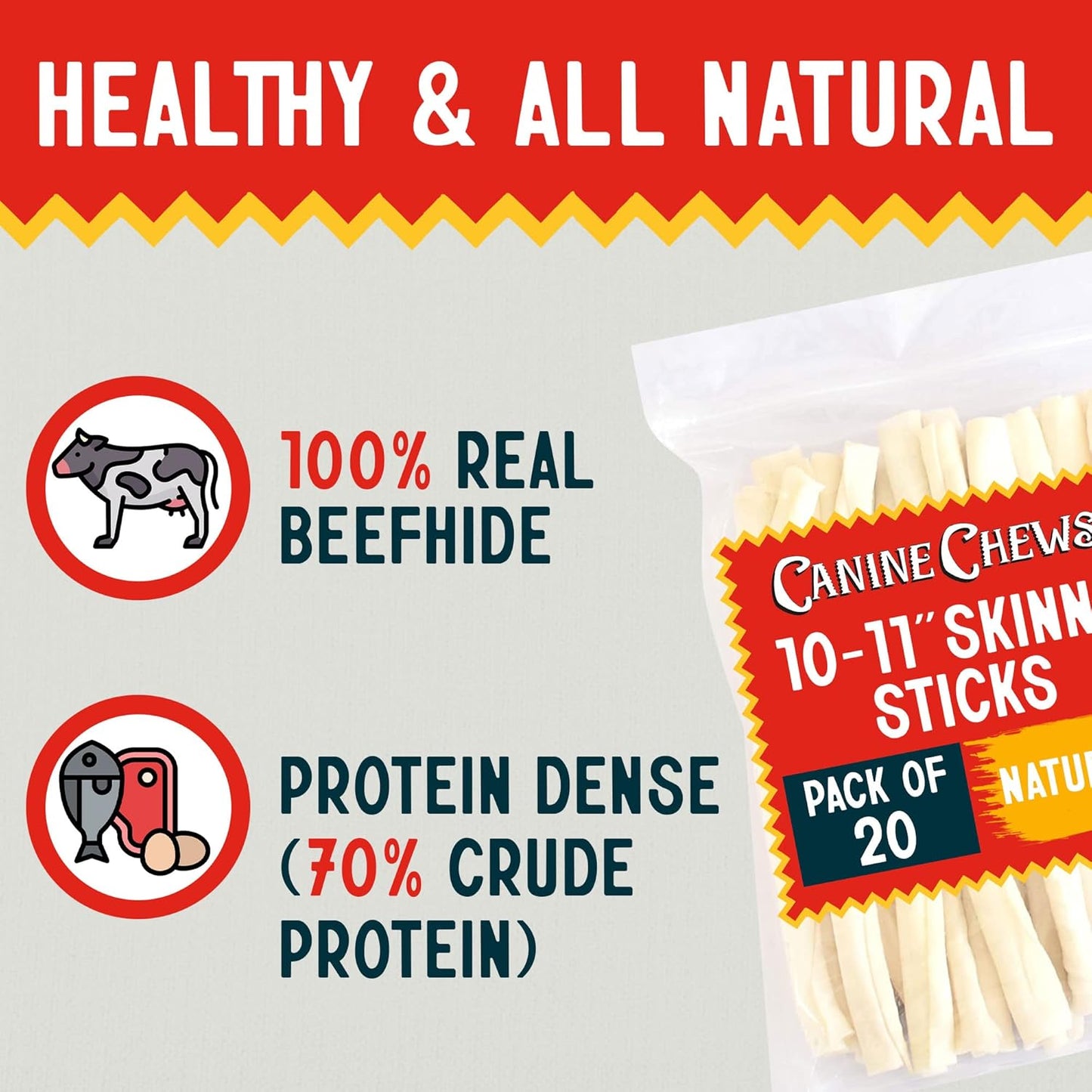 Canine Chews 10-11" Retriever Stick Rolls Rawhide for Dogs Skinny Sticks for Small Aggressive Chewing Dogs (20 Pack)