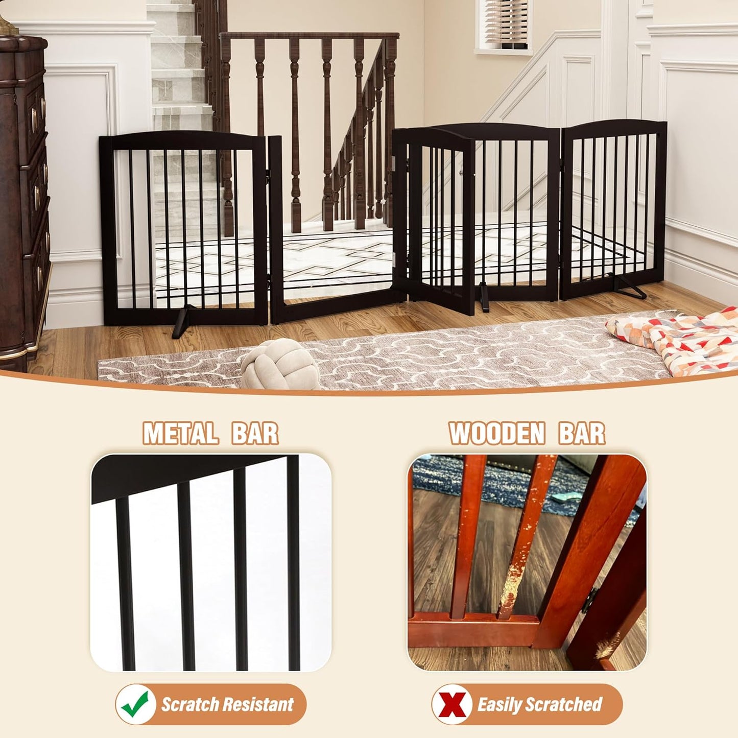 Freestanding Dog Gate with Door, Pet Gate for Stairs, 80 inch Wide Pet Barrier Indoor, Dog Fences Indoor, Support Feet Included, 4 Panels, 24" Tall, Dark Brown