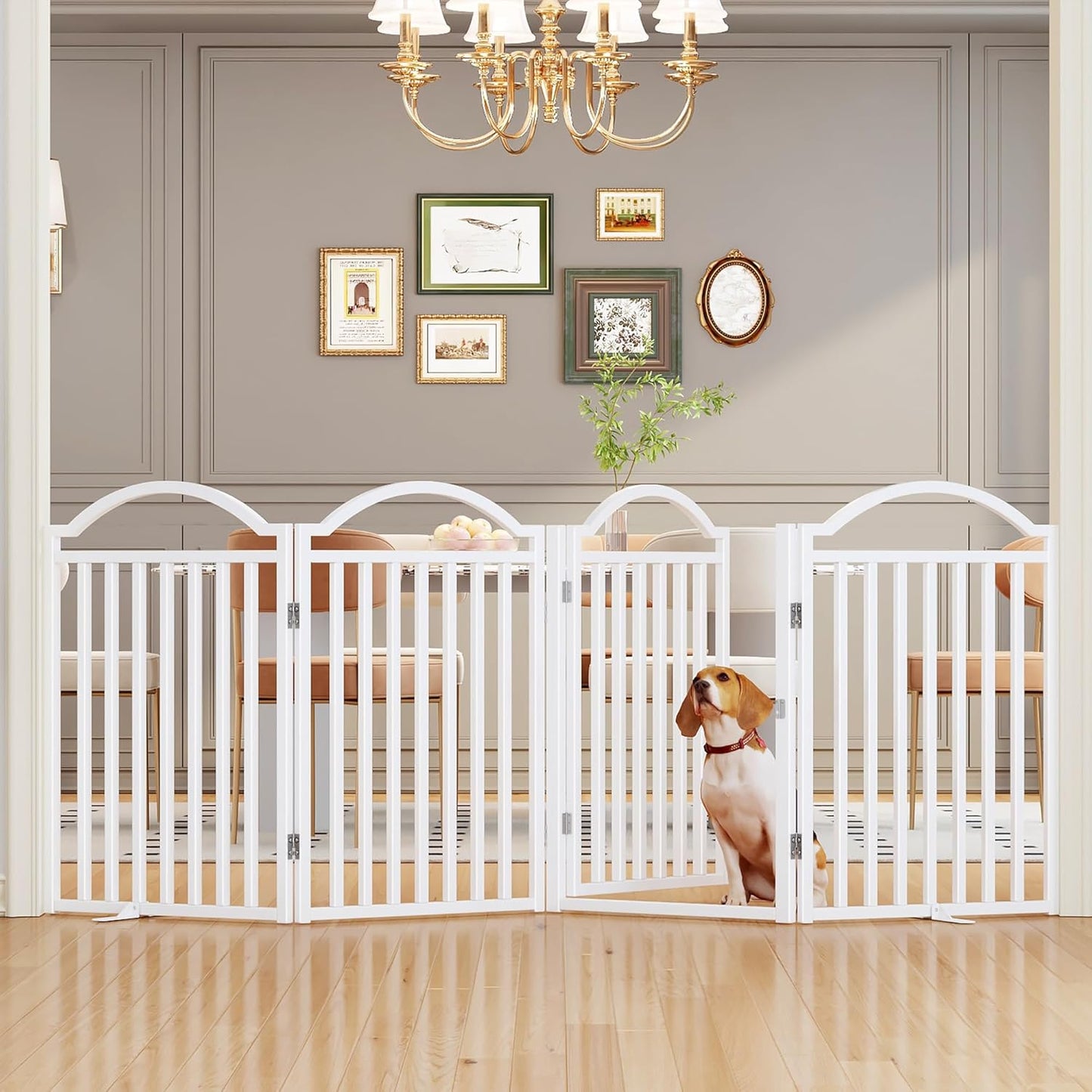 UDD Dog Gate Indoor 96" Extra Wide, 32" Tall Foldable Pet Gate with Door for Stairs Doorways Hallways Porch, Freestanding No Drilling Metal Pet Fence for Dogs Puppy, White 4-Panel