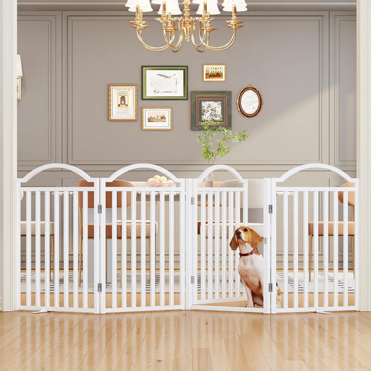 UDD Dog Gate Indoor 96" Extra Wide, 32" Tall Foldable Pet Gate with Door for Stairs Doorways Hallways Porch, Freestanding No Drilling Metal Pet Fence for Dogs Puppy, White 4-Panel