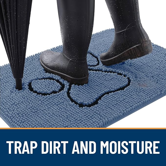 OLANLY Door Mat for Muddy Dog Paws 48x30, Absorbent Chenille Doormat with Paw Print Design, Non-Slip Washable Doormat for Indoor Entryway, Quick-Dry Pet Bed Mats for Dirty Dogs, Airy Blue and Black