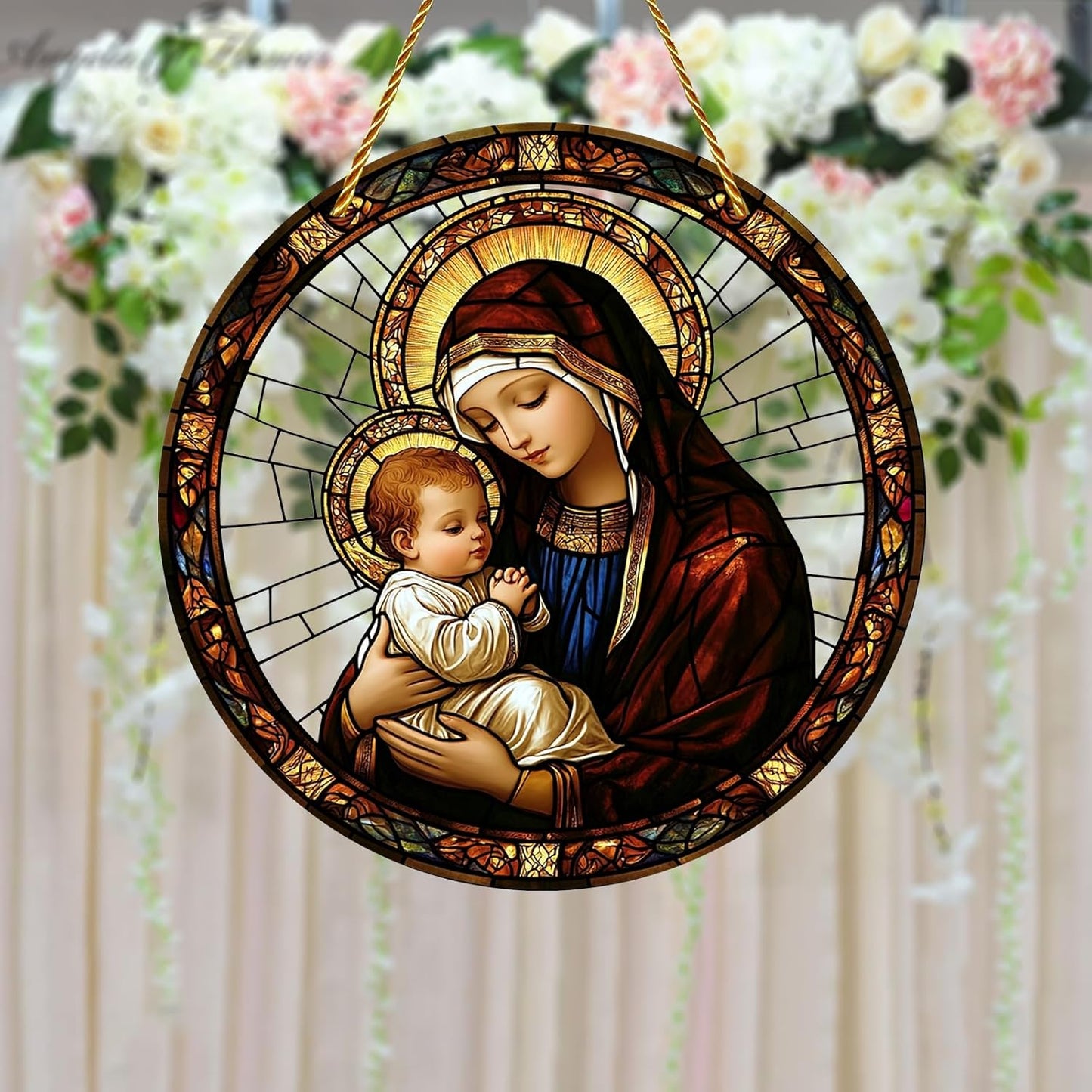 8x8 inch Charming Madonna and Child Acrylic Stained Glass Window Hanging Sun Catcher Decor Stained Panel Hangings Wall Art Decor, for Friends and Family (Madonna and Child)