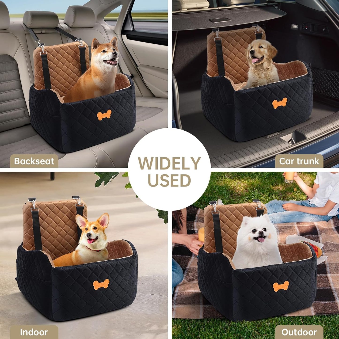 Dog Car Seat for Small Dogs, Dog Booster Seat Filling in Thick Memory Foam with 2 Safety Leashes and Storage Pocket, Suitable for Pet Under 30lb or 2 Puppies (Brown/Black)