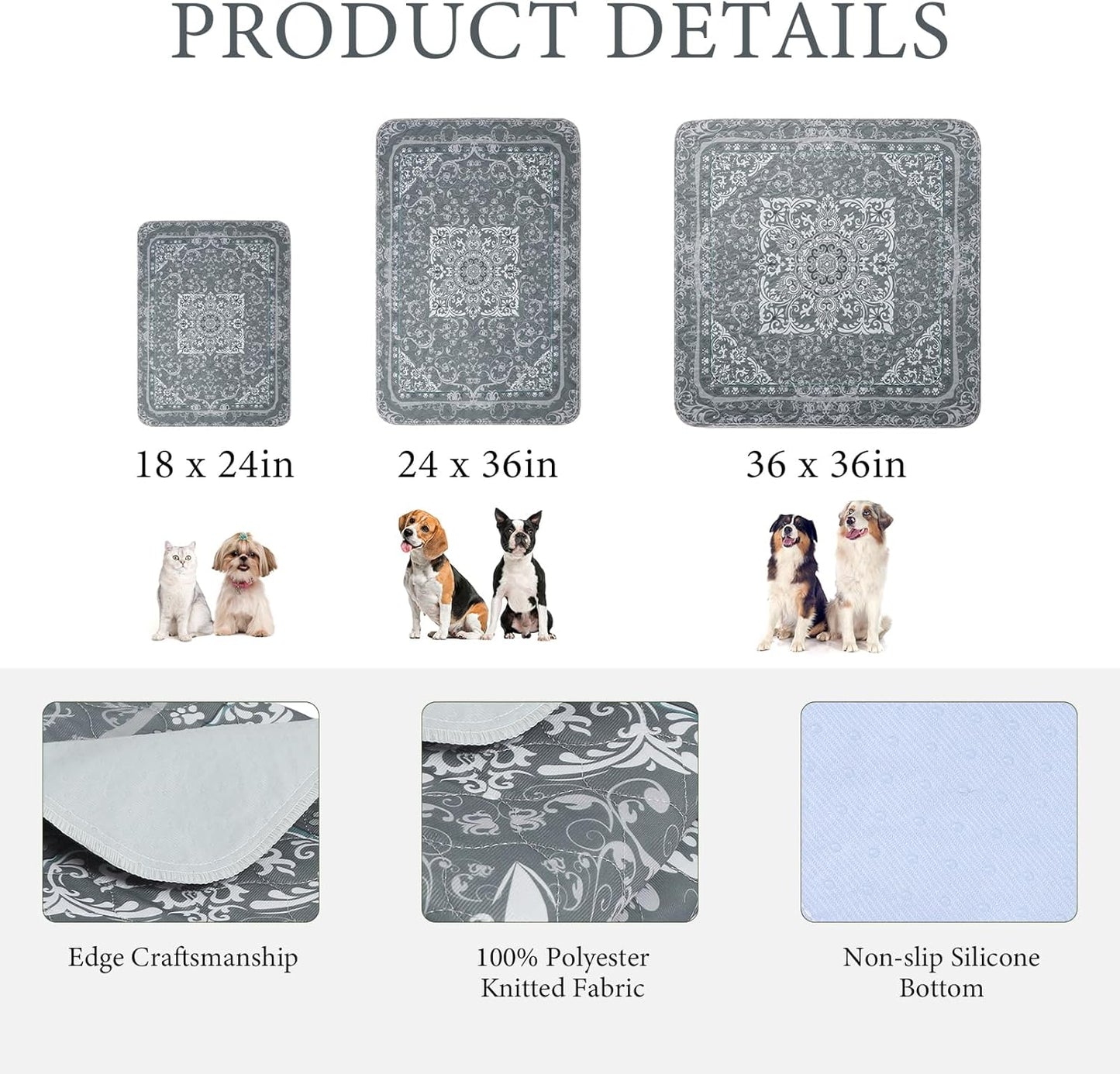 Homimp Washable Pee Pads for Dogs,4 Pack Reusable Puppy Pads,Absorbent and Leakproof Dog Pee Pads,Non Slip Puppy Training Pads,Pet Mat for Floor,Crate,Couch,Whelping,Grey 24"x36"