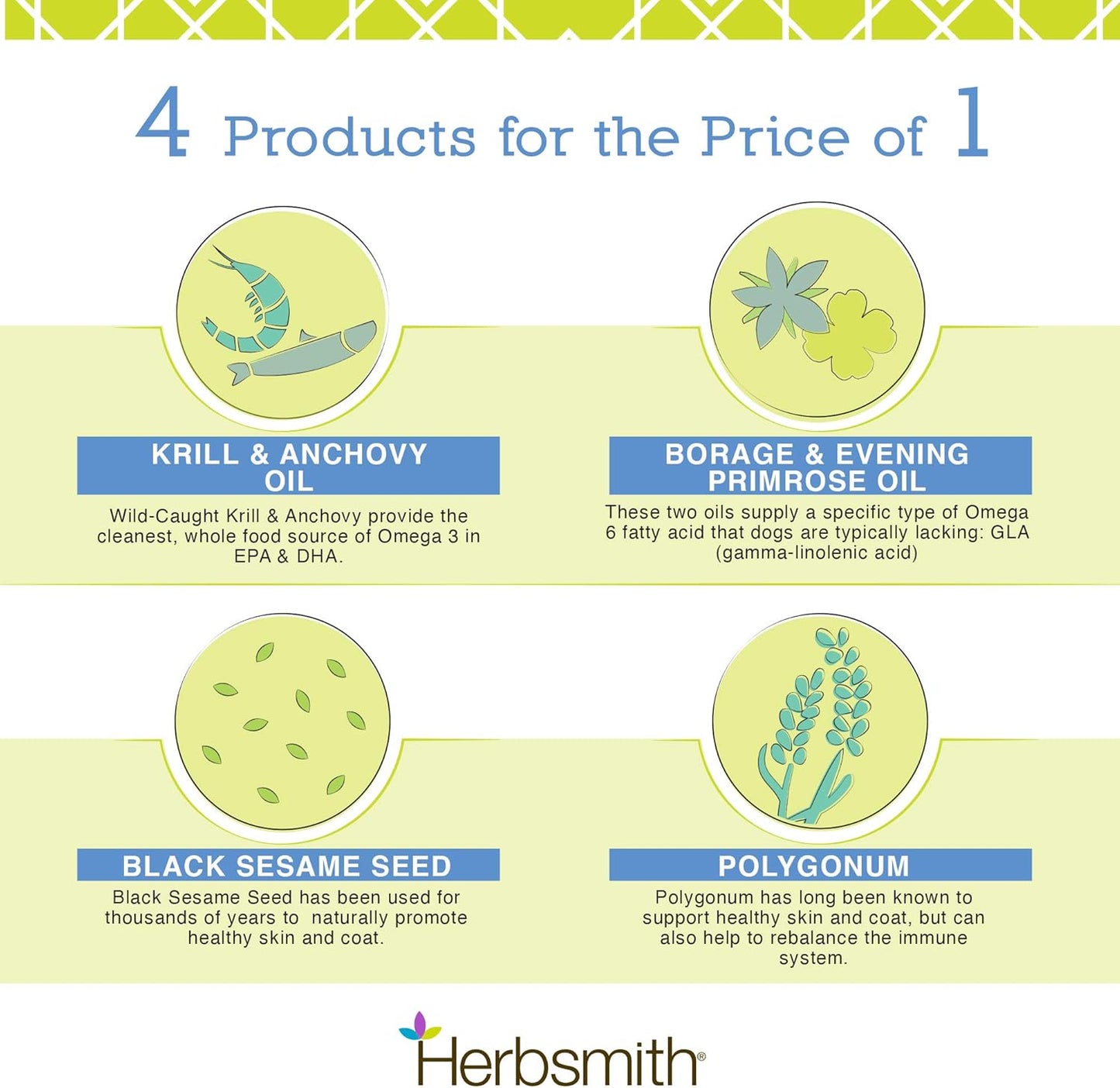 Herbsmith Glimmer - Dog Healthy Skin and Coat + Dog Treatment for Dry Itchy Skin - Omega-3 Supplement for Dogs - 60ct Large Chews